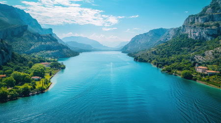 A beautiful blue lake with mountains in the background. The water is calm and peaceful. The mountains in the background create a sense of serenity and tranquilityの素材