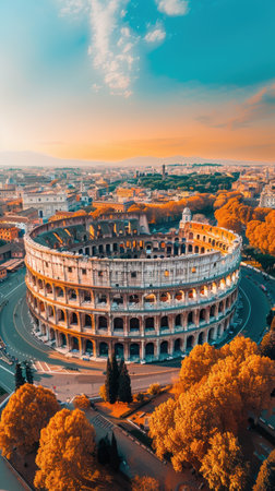 A large, empty colosseum with a beautiful orange sky in the background. The empty colosseum is surrounded by trees and buildings, giving it a sense of grandeur and historyの素材