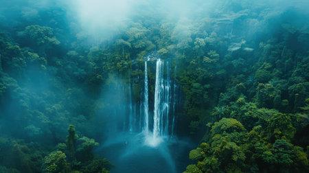 A waterfall is surrounded by trees and the sky is cloudy. The waterfall is very large and the trees are lush and greenの素材