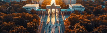 A city view with a large building in the background. The people are walking on the sidewalk and the trees are greenの素材