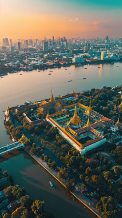 A city with a river and a palace in the background. The palace is surrounded by trees and buildingsの素材