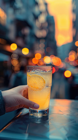 A person is holding a glass of lemonade. The glass is half full and the drink is yellow. The image has a warm and inviting moodの素材