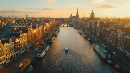 A boat is traveling down a river in a city. The city is full of buildings and has a lot of trafficの素材