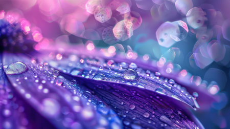 A purple flower with water droplets on it. The droplets are small and scattered, giving the impression of a light rain. The flower is the main focus of the imageの素材