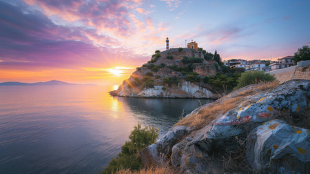 A beautiful sunset over the ocean with a lighthouse in the distance. The sky is filled with clouds, creating a moody atmosphereの素材