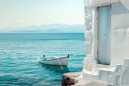 A white boat is floating in the ocean next to a white building. The scene is serene and peaceful, with the boat and building blending in with the natural surroundingsの素材