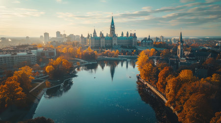 A city with a large building in the background and a river in the foreground. The sky is blue and the sun is shiningの素材