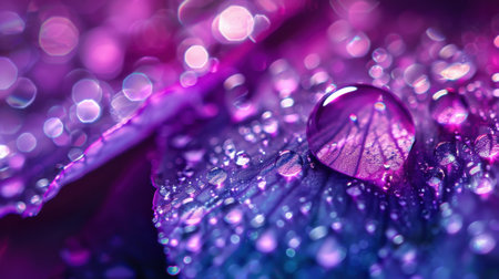 A purple leaf with a drop of water on it. The water droplet is surrounded by a blurry backgroundの素材