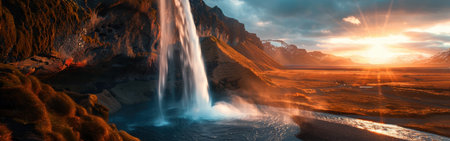 A waterfall is flowing into a river in a desert. The sun is setting in the background, creating a warm and peaceful atmosphereの素材