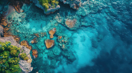 A beautiful blue ocean with a rocky shoreline. The water is crystal clear and the rocks are scattered throughout the area. The scene is peaceful and serene, with the waterの素材