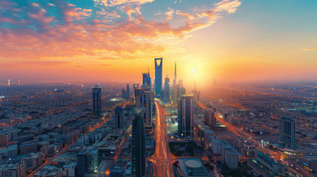 A city skyline at sunset with a large building in the middle. The sky is orange and the sun is settingの素材