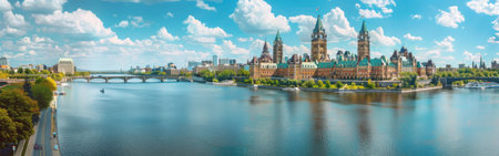 A beautiful city with a river running through it and a bridge. The buildings are tall and the sky is blueの素材