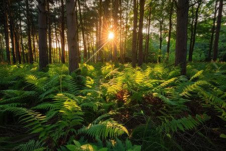 A forest with a sun shining through the trees. The sun is bright and warm, casting a golden glow on the leaves and the forest floor. The scene is peaceful and sereneの素材
