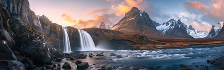 A beautiful mountain landscape with a waterfall and a river. The sky is orange and the mountains are covered in snow. The scene is peaceful and serene, with the water flowing down the waterfallの素材