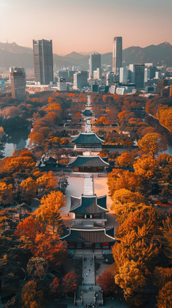 A city with a long row of buildings and trees with leaves on themの素材