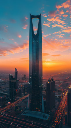 A tall building with a large arch on top is seen in the distance. The sky is orange and the sun is settingの素材