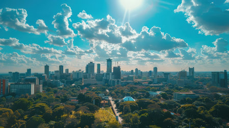 A city skyline with a bright blue sky and clouds. The city is bustling with activity and people are walking aroundの素材