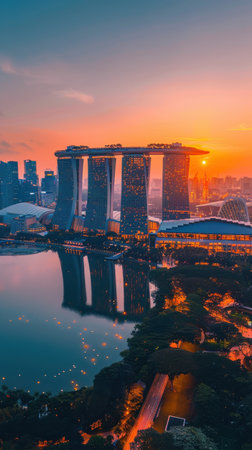 The city skyline is lit up at night, with the sun setting in the background. The buildings are tall and impressive, and the water reflects the lights of the cityの素材