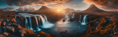 A beautiful landscape with a waterfall and mountains in the background. The waterfall is surrounded by rocks and the sky is filled with clouds. The sun is shining brightly, creating a warmの素材