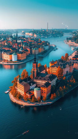 A city with a river running through it and a boat on the water. The buildings are tall and the sky is blueの素材