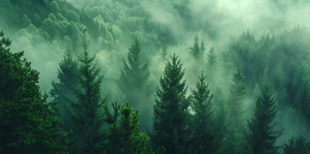 A dense forest with a thick layer of fog. The trees are tall and green, creating a serene and peaceful atmosphere. The fog adds a sense of mystery and tranquility to the sceneの素材