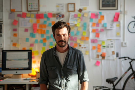 A man stands in front of a wall covered in colorful sticky notes. He is wearing a blue shirt and a beardの素材