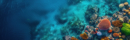 A colorful coral reef with a blue ocean background. The reef is full of different colored corals and sea creaturesの素材