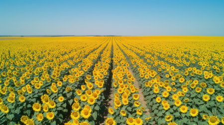 A field of yellow sunflowers with a blue sky in the background. The sunflowers are in rows and are all facing the same directionの素材