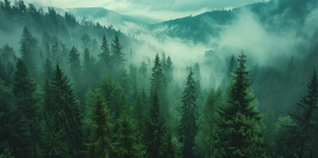 A dense forest with a thick layer of fog covering the trees. The fog creates a mysterious and serene atmosphere, making the forest appear almost magical. The trees are tall and greenの素材