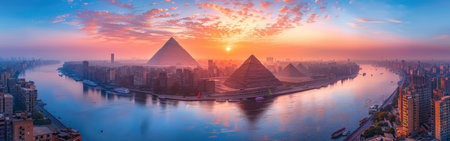 A beautiful sunset over the Nile River with the pyramids in the background. The sky is filled with clouds and the sun is setting, creating a warm and peaceful atmosphereの素材
