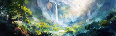 A digital painting depicting a lush, green valley with a large waterfall cascading down a cliff face. The valley is filled with trees and foliage, and the mountains in the background are covered in a misty haze.の素材