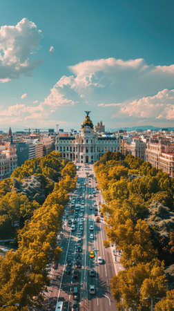 A busy city street with a large building in the background. The street is lined with trees and has a lot of trafficの素材
