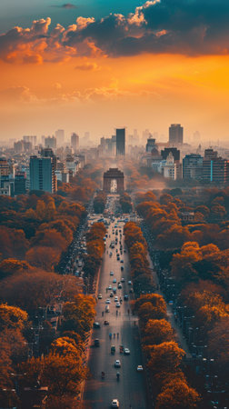 A city street with a lot of traffic and a beautiful sunset in the background. Scene is peaceful and serene, despite the busy city lifeの素材