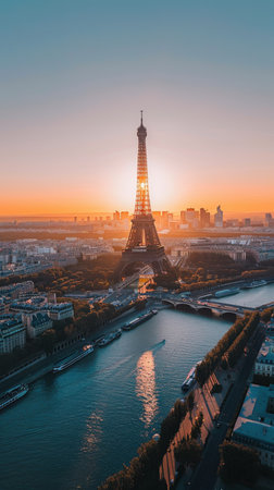 The Eiffel Tower is lit up at sunset. The city below is bustling with activity. The water is calm and the sky is a beautiful mix of orange and pink huesの素材