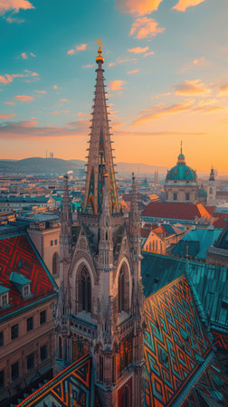 A beautiful cityscape with a tall, ornate building in the center. The sky is a mix of blue and orange hues, creating a warm and inviting atmosphereの素材
