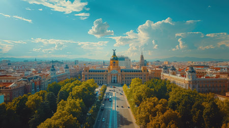 A city with a large building in the middle and a lot of trees. The sky is blue and there are some cloudsの素材