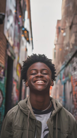A young man with short, curly black hair is smiling broadly while standing in a city alleyway. He is wearing a green hooded jacket and a gray t-shirt. The background is blurred, but buildings with graffiti can be seen. The day is overcast.の素材