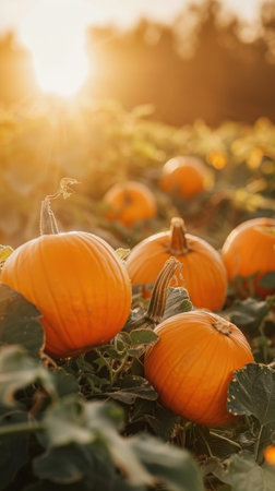 A field of pumpkins with the sun shining on them. The pumpkins are orange and are scattered throughout the fieldの素材