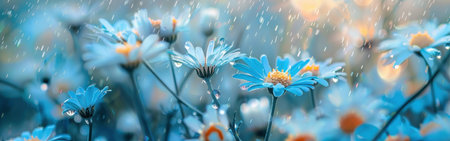 Blue daisies are covered in raindrops on a sunny day, with a blurred background of more daisies.の素材