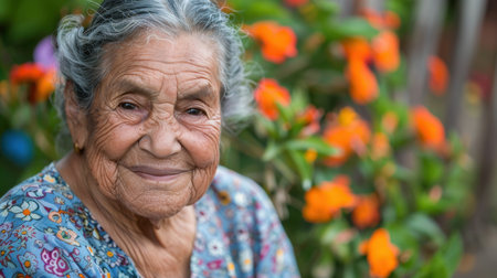 A close-up portrait of an elderly woman with gray hair, wearing a blue floral shirt, smiling while standing in a garden with orange flowers.の素材