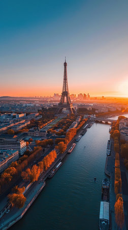 A beautiful cityscape with the Eiffel Tower in the center. The city is bustling with activity, with boats on the river and people walking around. The sky is a mix of blue and orange, creating a warmの素材