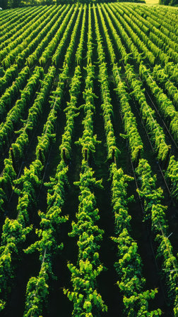 A field of green vines with a clear blue sky in the background. The vines are neatly lined up and appear to be well-tendedの素材