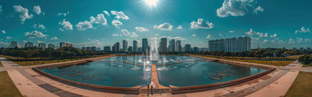 A large fountain is in the middle of a park with a city skyline in the background. The water is calm and clear, and the sky is blue with some clouds. The scene is peaceful and sereneの素材