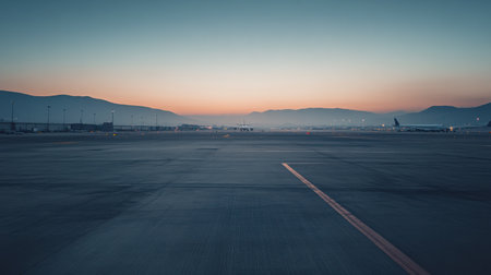 The sun rises over the airport, casting soft colors in the sky as airplanes await their next flights, creating a peaceful yet anticipatory atmosphere.の素材