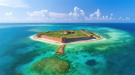 This stunning landscape showcases a historic fort located on a small island, surrounded by turquoise waters and an abundance of greenery under a clear sky.の素材