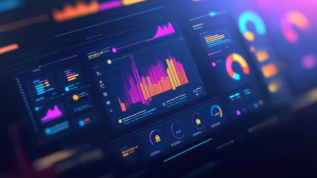 A sleek and modern dashboard displays vibrant graphs and metrics, representing data analysis and performance insights in a tech environment, illuminated by neon colors.の素材