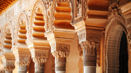 The ornate columns of the Alhambra showcase exquisite Moorish architecture, highlighting intricate carvings and elegant craftsmanship under warm sunlight.の素材