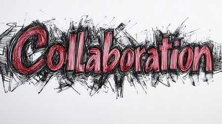 A dynamic depiction of the word collaboration showcases vibrant lettering with bold red accents, emphasizing teamwork and creativity in a striking artistic style.の素材