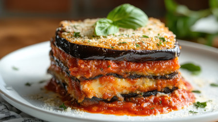 This enticing vegetarian dish features layered eggplant slices, rich tomato sauce, and melted cheese, garnished with fresh basil on a white plate, ready to be enjoyed.の素材
