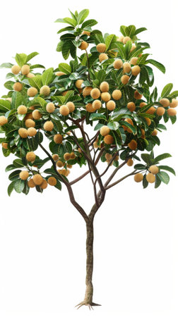 A healthy litchi tree fills the frame with abundant clusters of ripe, round fruit hanging among glossy green leaves, illustrating the beauty of nature during a bright day.の素材